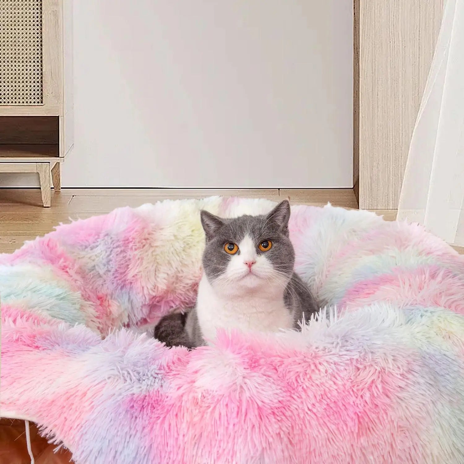 Long Plush Two-In-One Cat Tunnel Bed, Winter Warm Donut Cat Nest, Closed Hideaway Cat Toy, Soft Thick Non-Slip Bottom, Suitable for Multiple Cats, Shaped Beds
