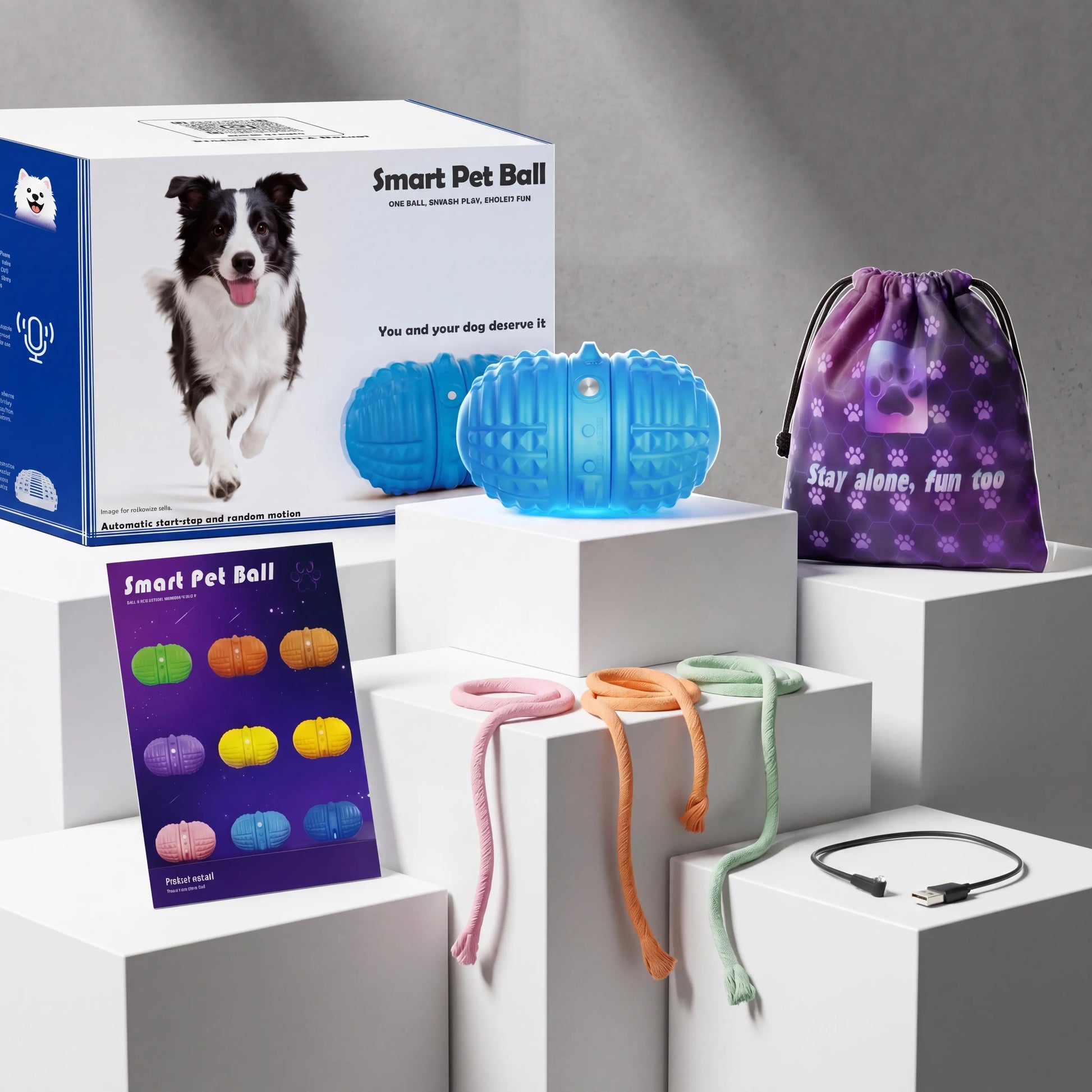 Interactive Automatic Dog Ball Toy – Dual Motors, Voice Recording, Motion Activation, Rope | Rechargeable & Water-Resistant for Small to Medium Dogs