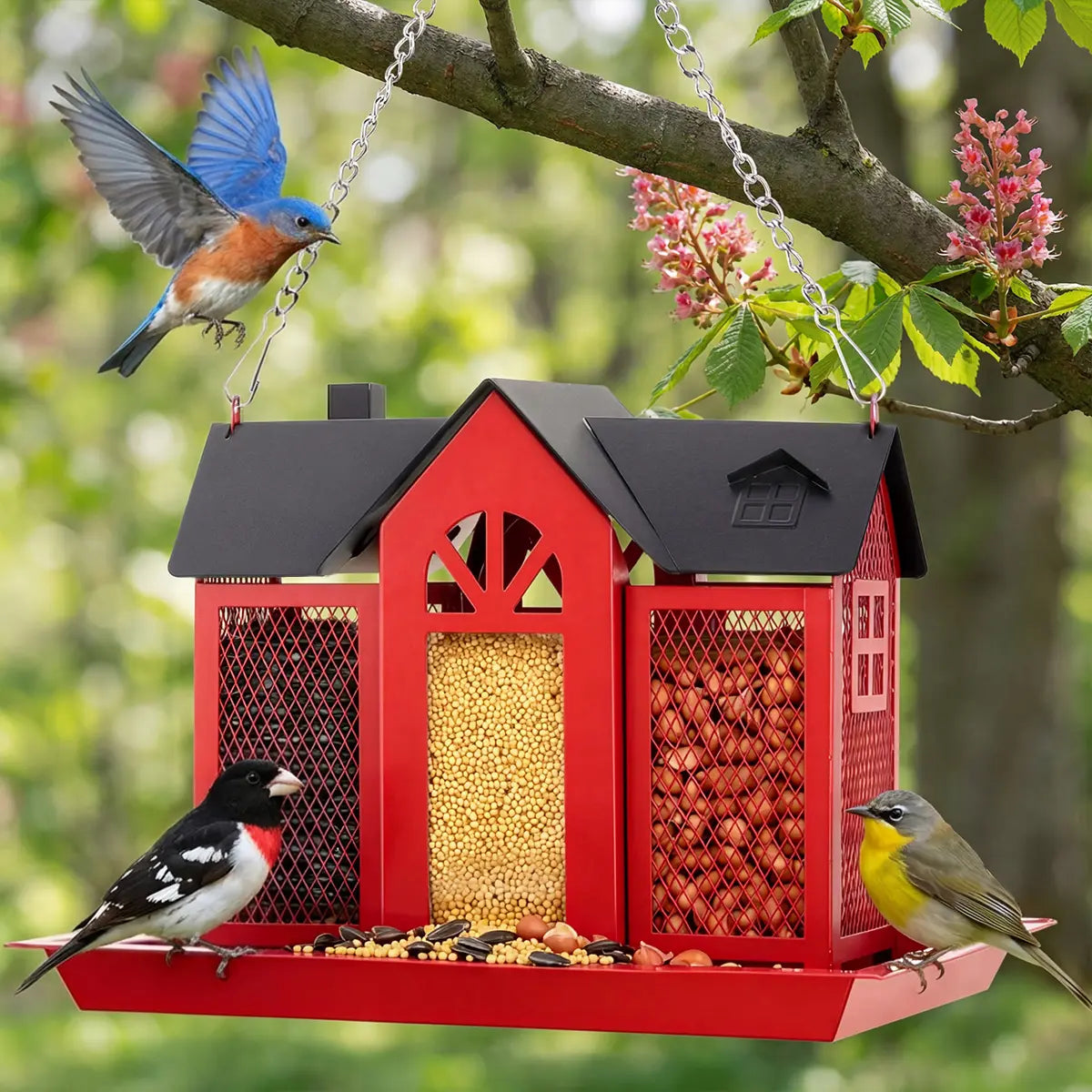 PAWGIANT Bird Feeder House for Outside, 10" × 8" × 7", Hanging Metal Mesh Wild Bird Feeder with Triple Feeders for Finch Cardinal Chickadee Large Capacity, Weatherproof and Durable, Garden Decor for Outside, Unique Gifts for Bird Lovers, Red, Dealsforyou