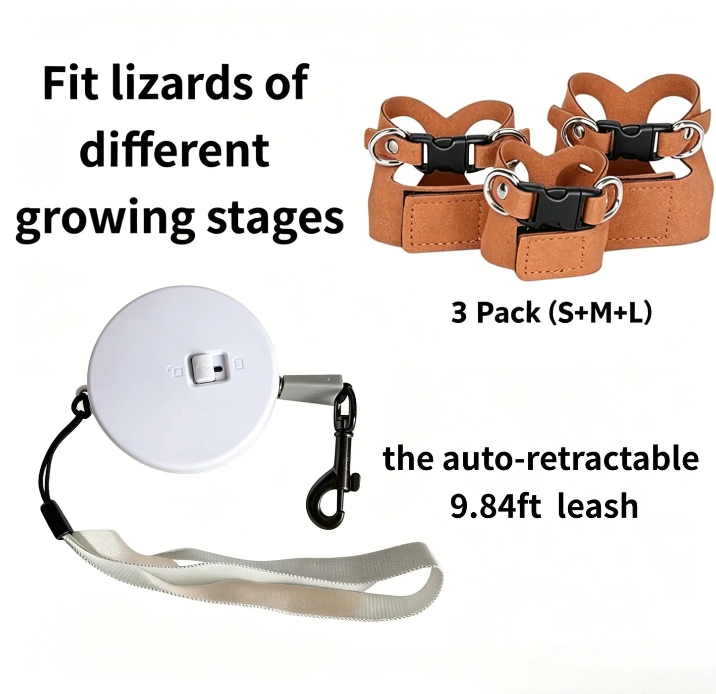 Reptile Harness & Leash Set - 3-Size Pack, Adjustable Soft Microfiber Suede Leather with Hook and Loop Design, Standard & High-End Models, Large No-Pull Full Protection Outdoor Universal Harness & Leads for Bearded Dragon Training