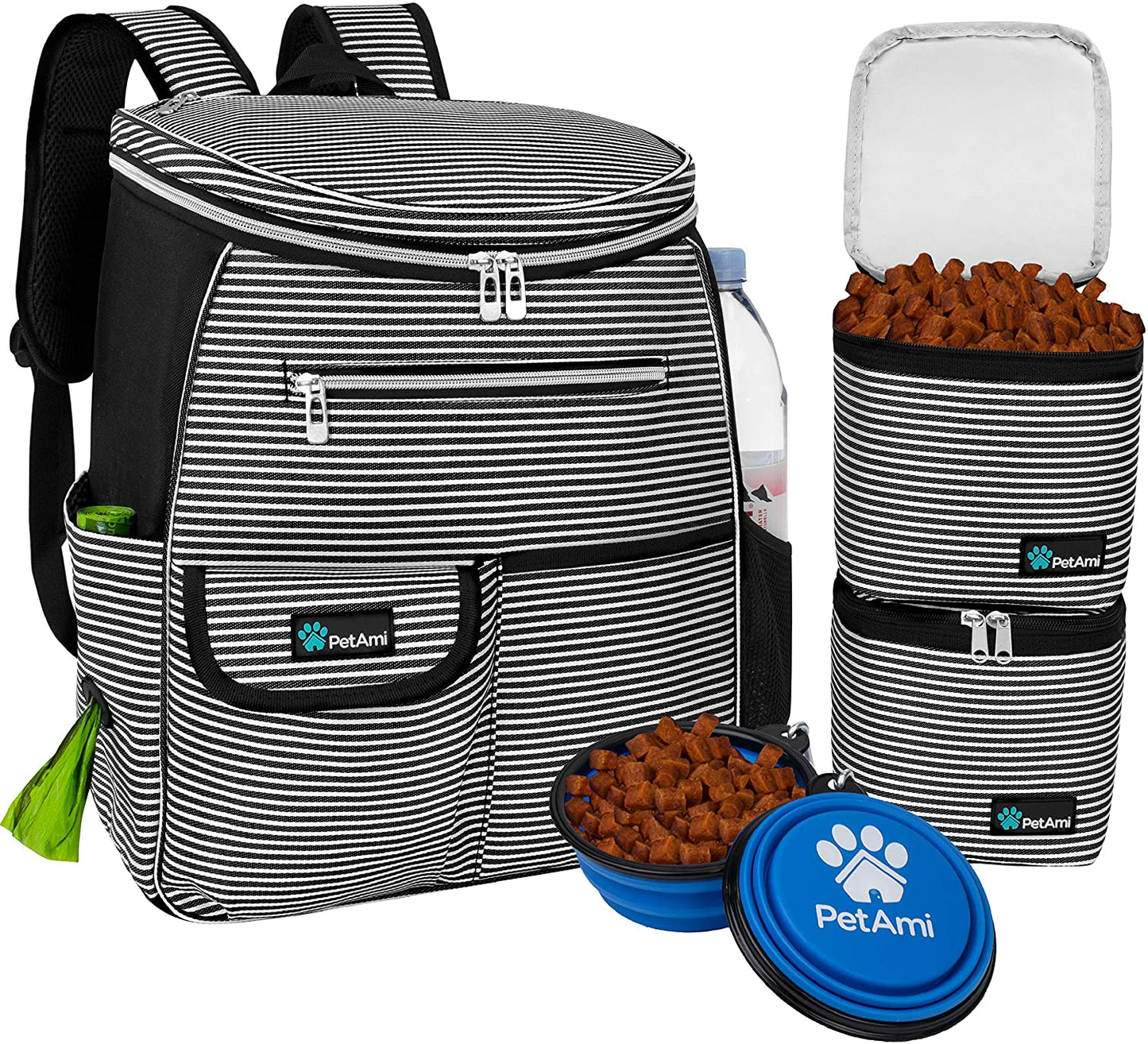Airline Approved Dog Travel Backpack - Includes Food Container and Collapsible Bowls for Travel, Hiking and Camping (Striped Black)