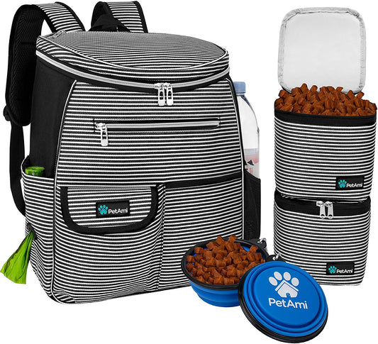 Airline Approved Dog Travel Backpack - Includes Food Container and Collapsible Bowls for Travel, Hiking and Camping (Striped Black)