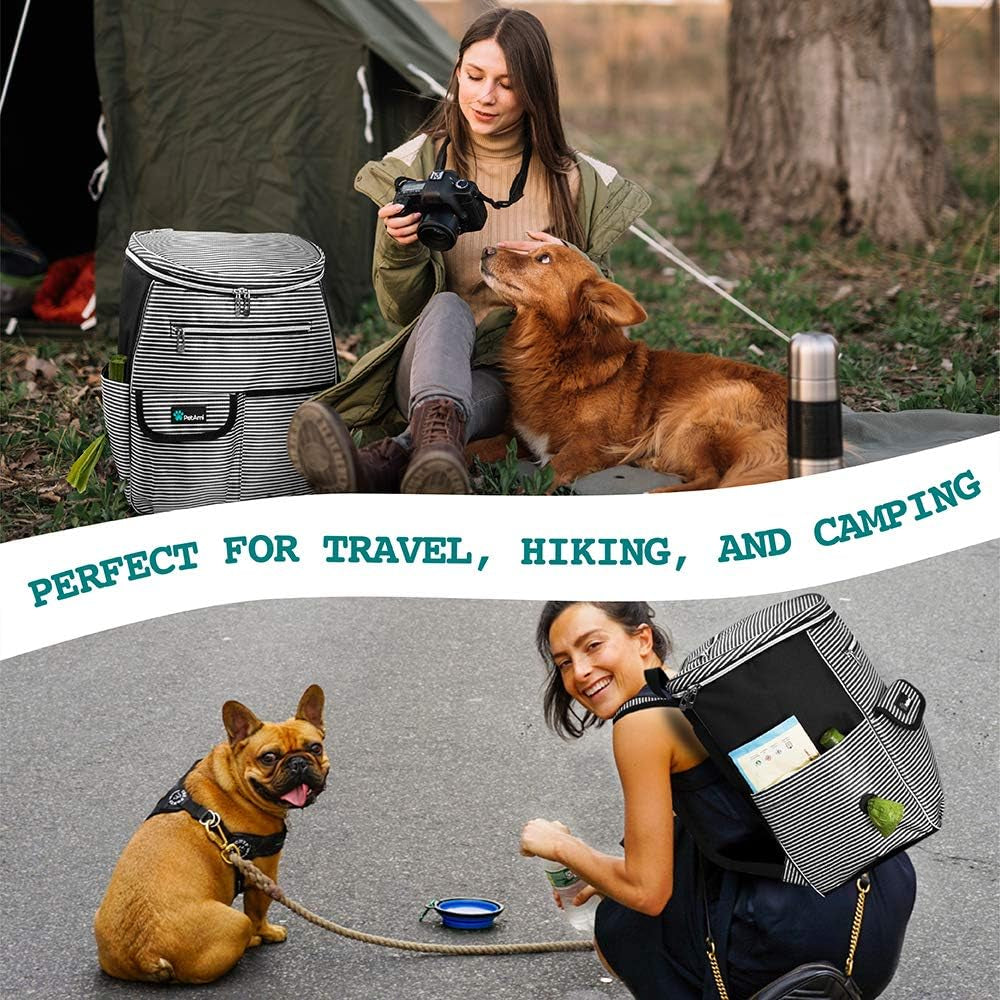 Airline Approved Dog Travel Backpack - Includes Food Container and Collapsible Bowls for Travel, Hiking and Camping (Striped Black)