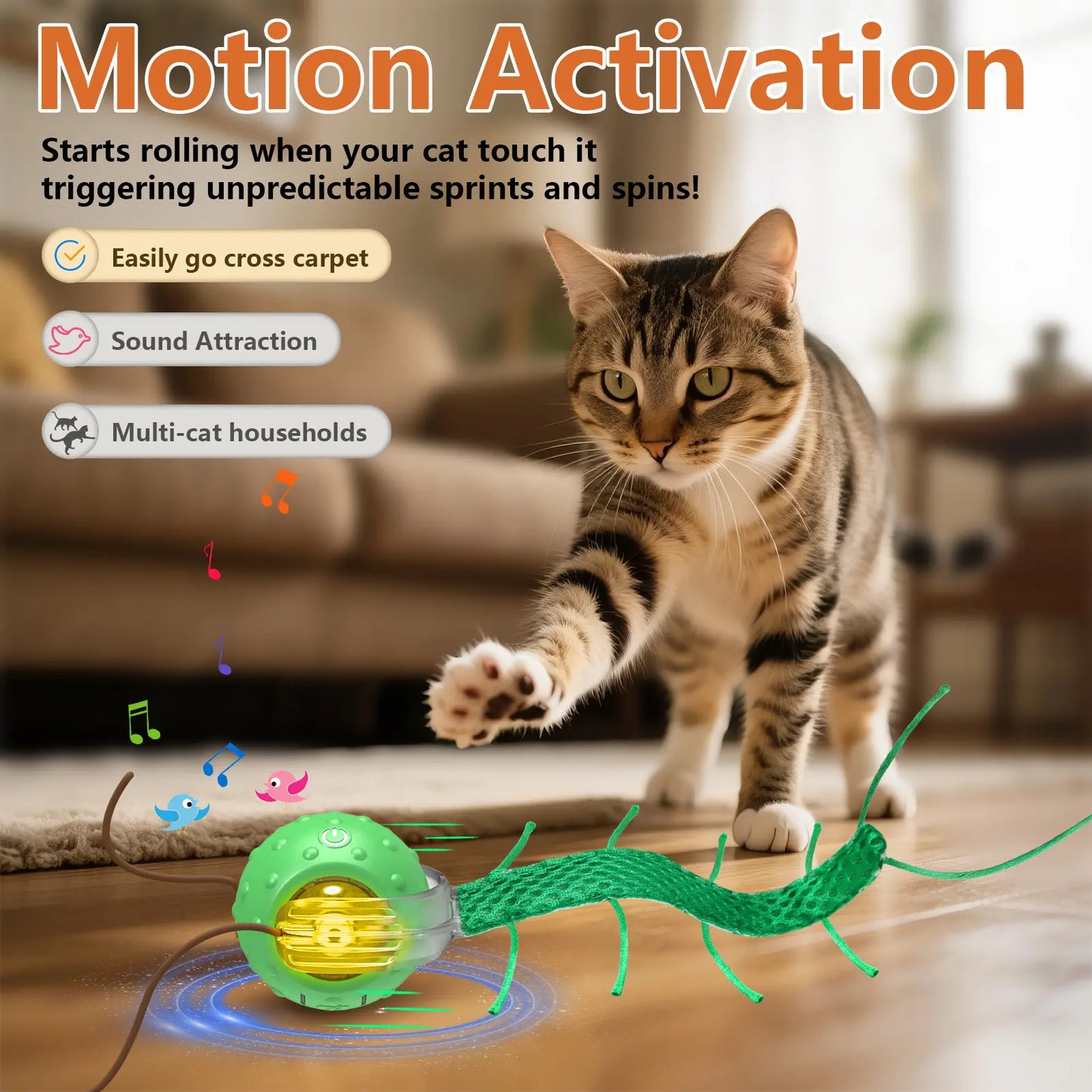 Motorized Interactive Cat Toy - Chirping Sound with Centipede-Style Movement for Indoor Play on Rugs and Carpets