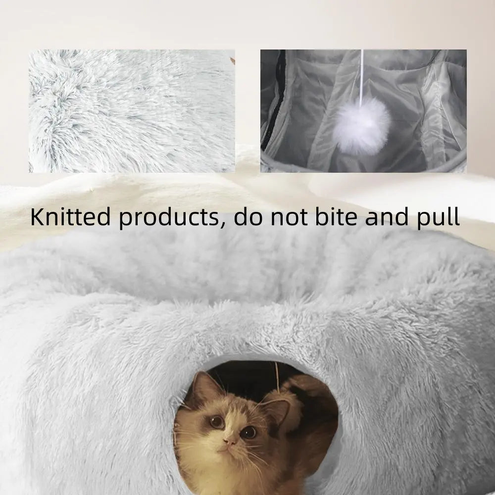 Long Plush Two-In-One Cat Tunnel Bed, Winter Warm Donut Cat Nest, Closed Hideaway Cat Toy, Soft Thick Non-Slip Bottom, Suitable for Multiple Cats, Shaped Beds