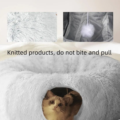 Long Plush Two-In-One Cat Tunnel Bed, Winter Warm Donut Cat Nest, Closed Hideaway Cat Toy, Soft Thick Non-Slip Bottom, Suitable for Multiple Cats, Shaped Beds