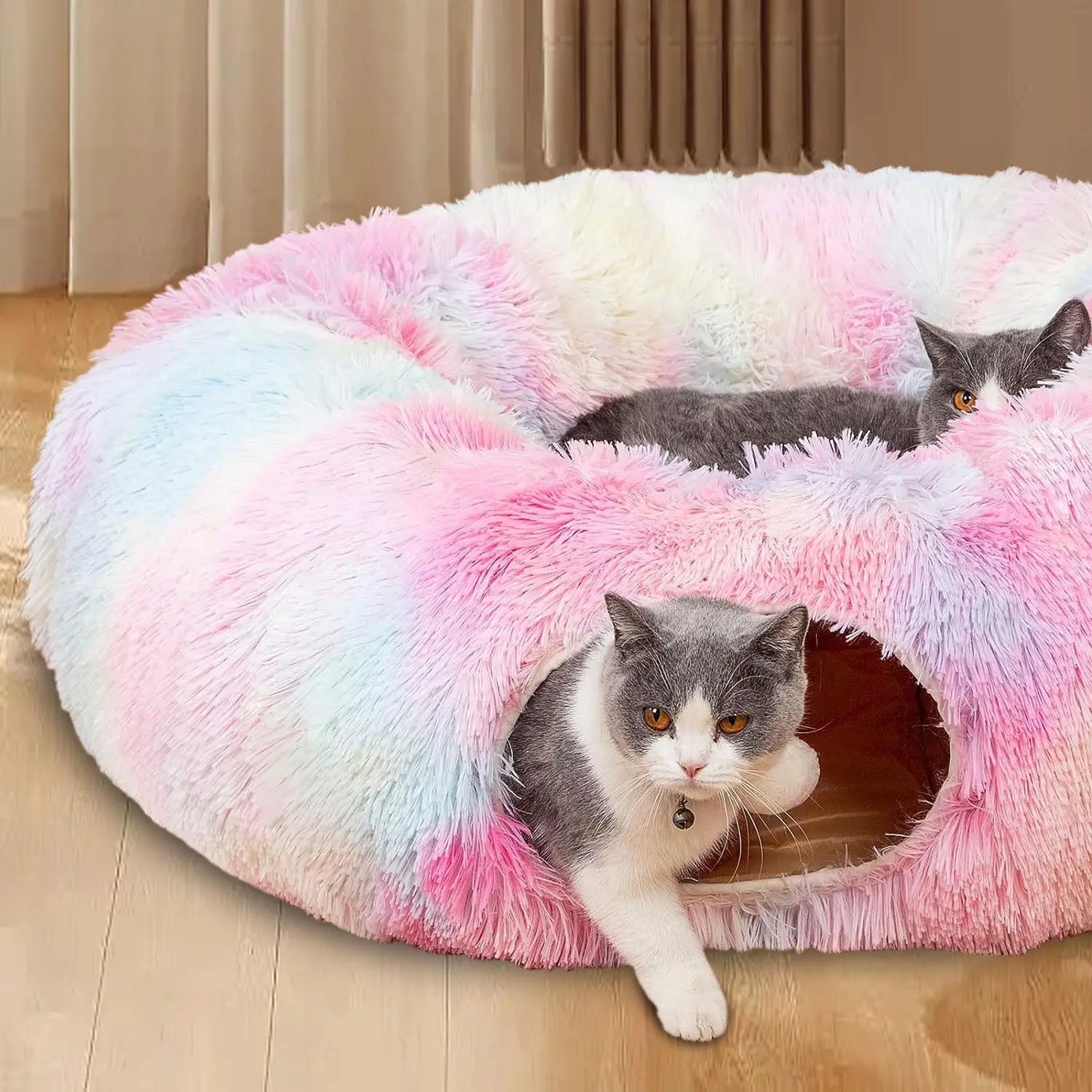Long Plush Two-In-One Cat Tunnel Bed, Winter Warm Donut Cat Nest, Closed Hideaway Cat Toy, Soft Thick Non-Slip Bottom, Suitable for Multiple Cats, Shaped Beds