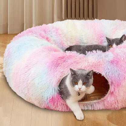 Long Plush Two-In-One Cat Tunnel Bed, Winter Warm Donut Cat Nest, Closed Hideaway Cat Toy, Soft Thick Non-Slip Bottom, Suitable for Multiple Cats, Shaped Beds