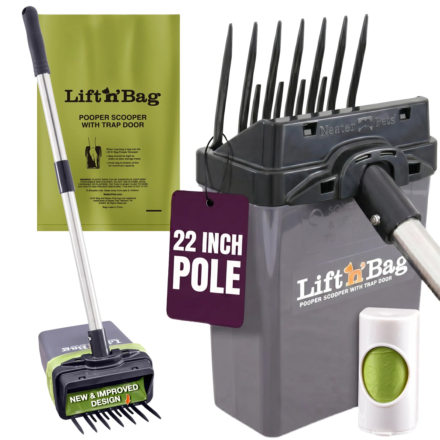 NEATER PETS Lift N' Bag Dog Pooper Scooper 2.0, 22” Pole Version - Scoop-To-Bag Design, One-Handed Operation, Extra-Large Bags, Made in USA
