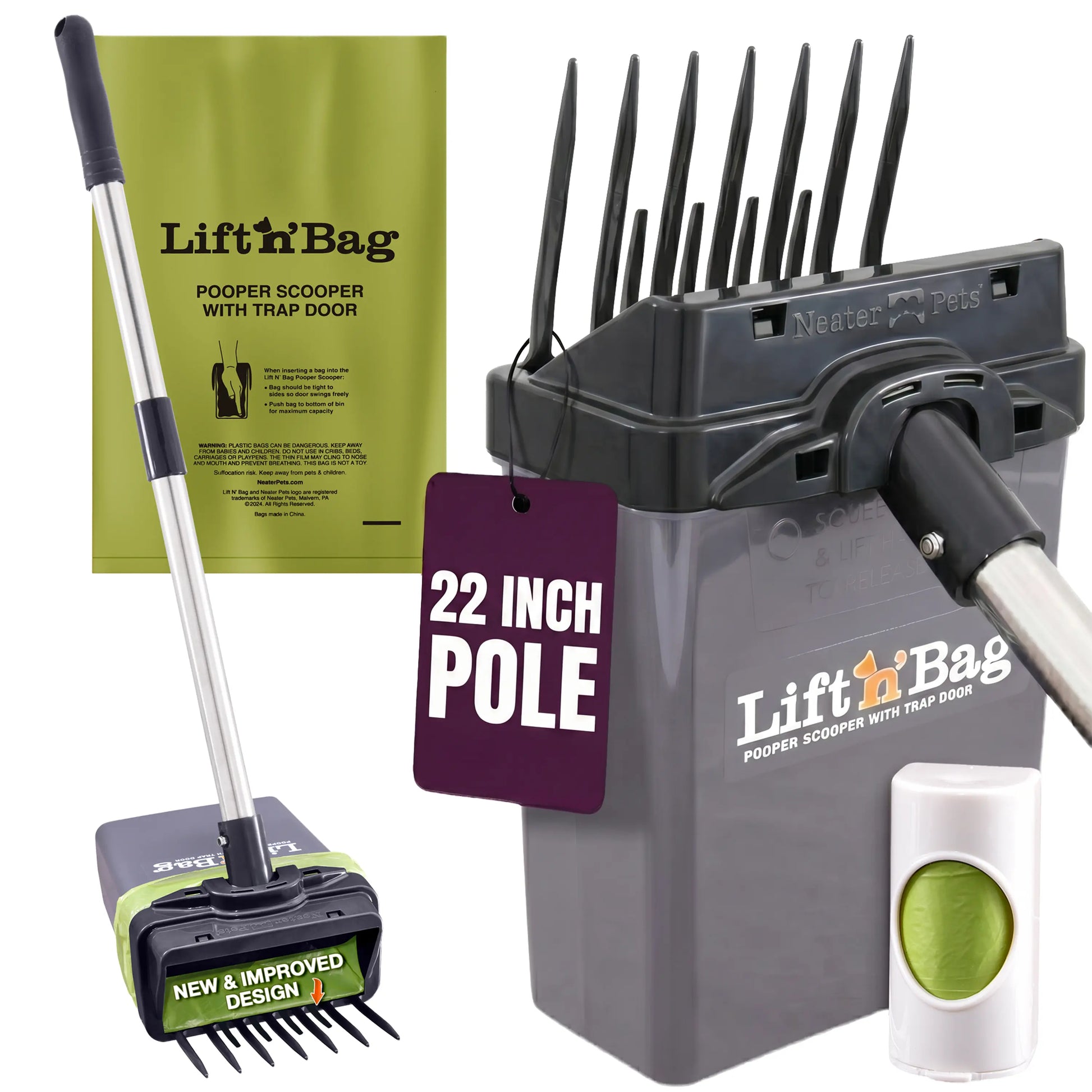 NEATER PETS Lift N' Bag Dog Pooper Scooper 2.0, 22” Pole Version - Scoop-To-Bag Design, One-Handed Operation, Extra-Large Bags, Made in USA