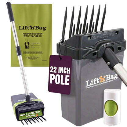 NEATER PETS Lift N' Bag Dog Pooper Scooper 2.0, 22” Pole Version - Scoop-To-Bag Design, One-Handed Operation, Extra-Large Bags, Made in USA