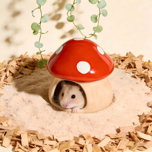 Artisan Handmade Ceramic Mushroom Hamster Hide | All-Natural Glaze, Glossy Finish | Cozy Enclosed Sleeping Hut for Hedgehog, Chinchilla Hamster Cage Accessories Hamster Cage Habitat