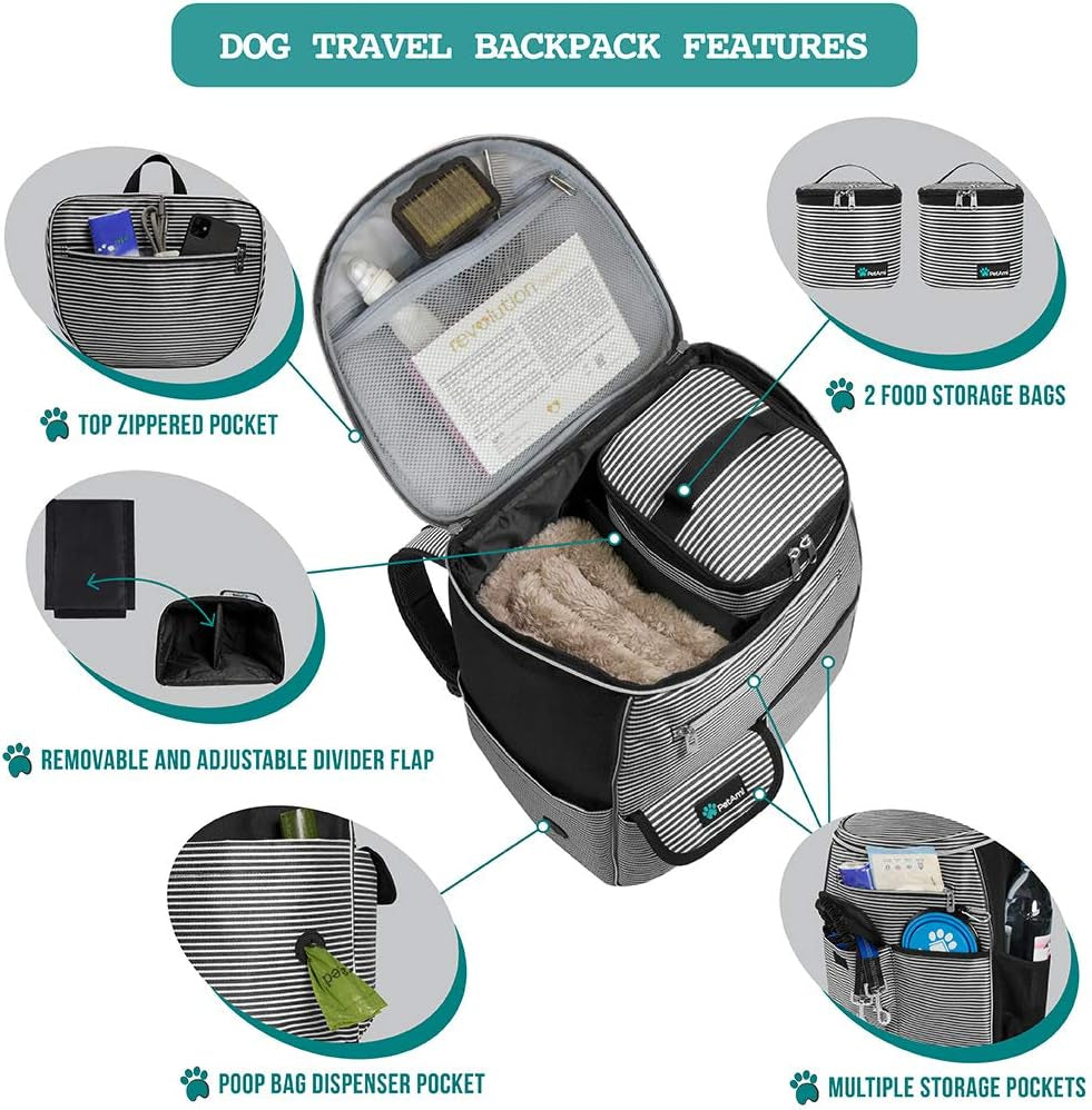Airline Approved Dog Travel Backpack - Includes Food Container and Collapsible Bowls for Travel, Hiking and Camping (Striped Black)