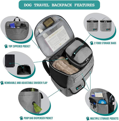Airline Approved Dog Travel Backpack - Includes Food Container and Collapsible Bowls for Travel, Hiking and Camping (Striped Black)