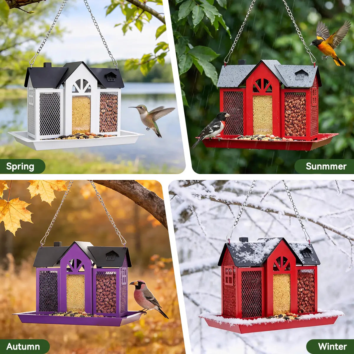PAWGIANT Bird Feeder House for Outside, 10" × 8" × 7", Hanging Metal Mesh Wild Bird Feeder with Triple Feeders for Finch Cardinal Chickadee Large Capacity, Weatherproof and Durable, Garden Decor for Outside, Unique Gifts for Bird Lovers, Red, Dealsforyou