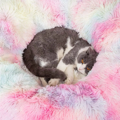 Long Plush Two-In-One Cat Tunnel Bed, Winter Warm Donut Cat Nest, Closed Hideaway Cat Toy, Soft Thick Non-Slip Bottom, Suitable for Multiple Cats, Shaped Beds