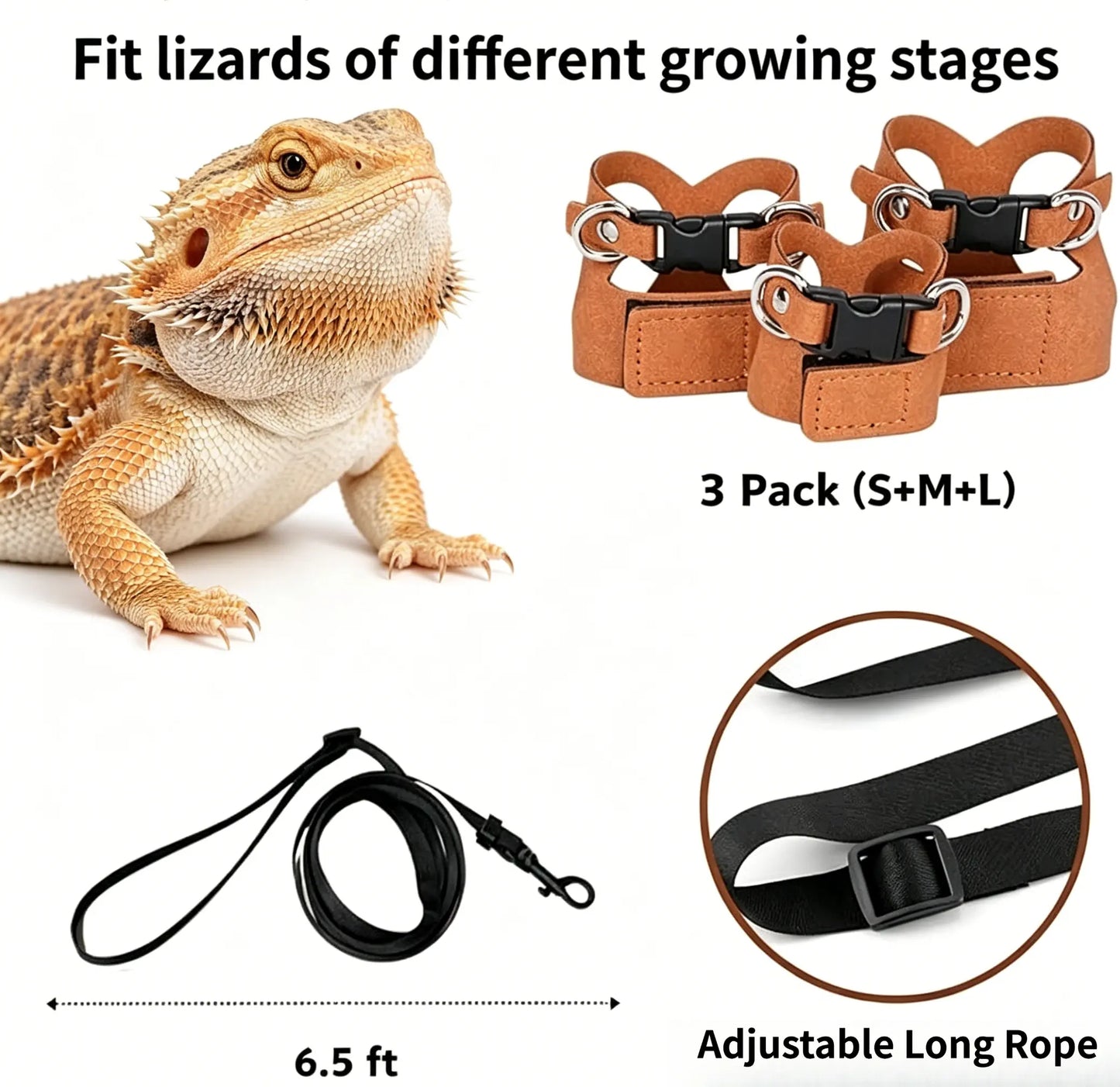 Reptile Harness & Leash Set - 3-Size Pack, Adjustable Soft Microfiber Suede Leather with Hook and Loop Design, Standard & High-End Models, Large No-Pull Full Protection Outdoor Universal Harness & Leads for Bearded Dragon Training