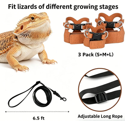 Reptile Harness & Leash Set - 3-Size Pack, Adjustable Soft Microfiber Suede Leather with Hook and Loop Design, Standard & High-End Models, Large No-Pull Full Protection Outdoor Universal Harness & Leads for Bearded Dragon Training