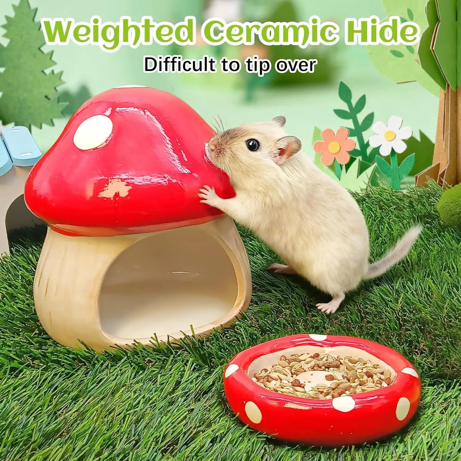 Artisan Handmade Ceramic Mushroom Hamster Hide | All-Natural Glaze, Glossy Finish | Cozy Enclosed Sleeping Hut for Hedgehog, Chinchilla Hamster Cage Accessories Hamster Cage Habitat
