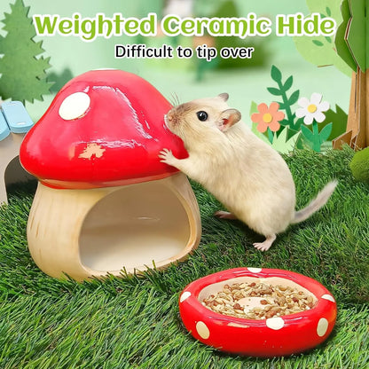 Artisan Handmade Ceramic Mushroom Hamster Hide | All-Natural Glaze, Glossy Finish | Cozy Enclosed Sleeping Hut for Hedgehog, Chinchilla Hamster Cage Accessories Hamster Cage Habitat