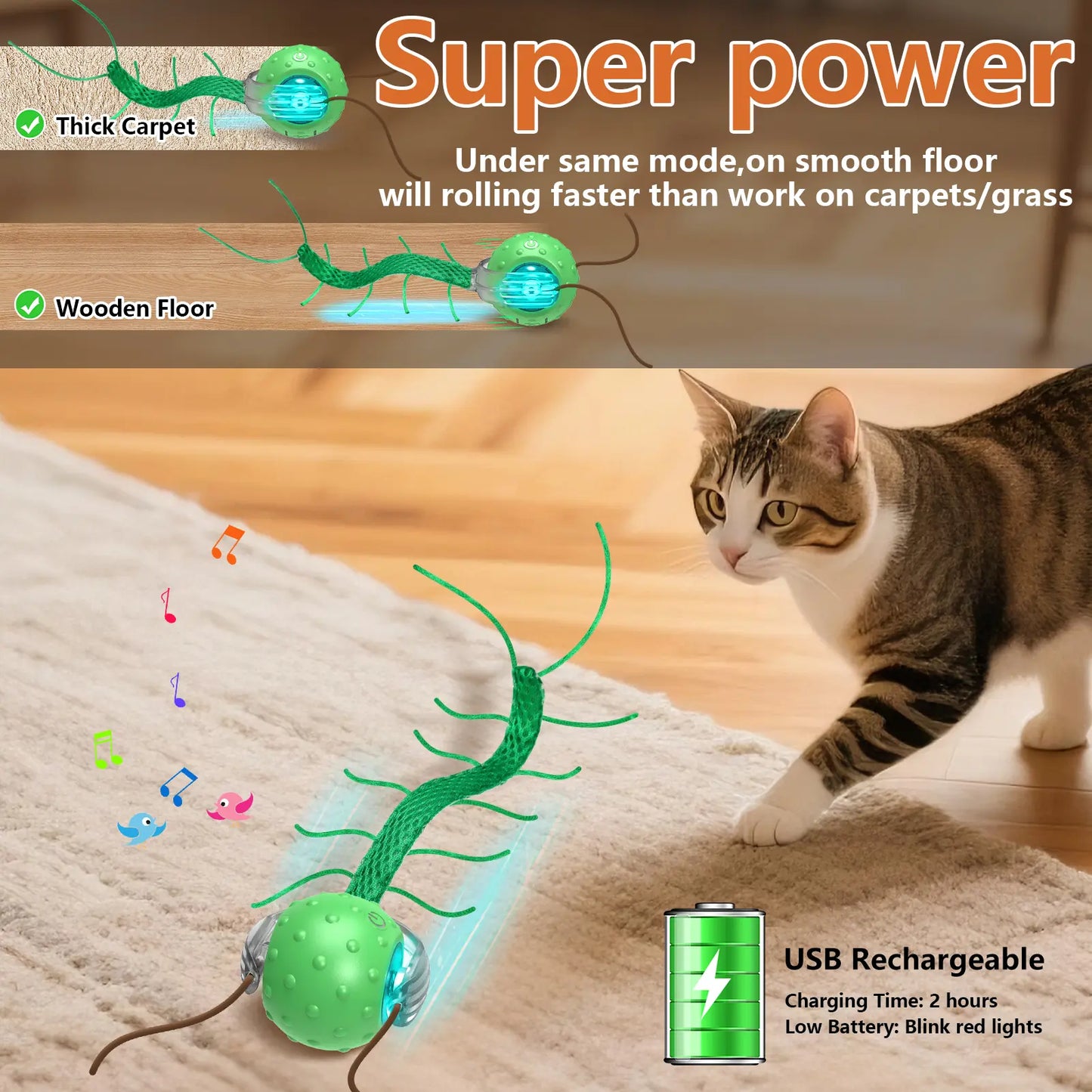 Motorized Interactive Cat Toy - Chirping Sound with Centipede-Style Movement for Indoor Play on Rugs and Carpets
