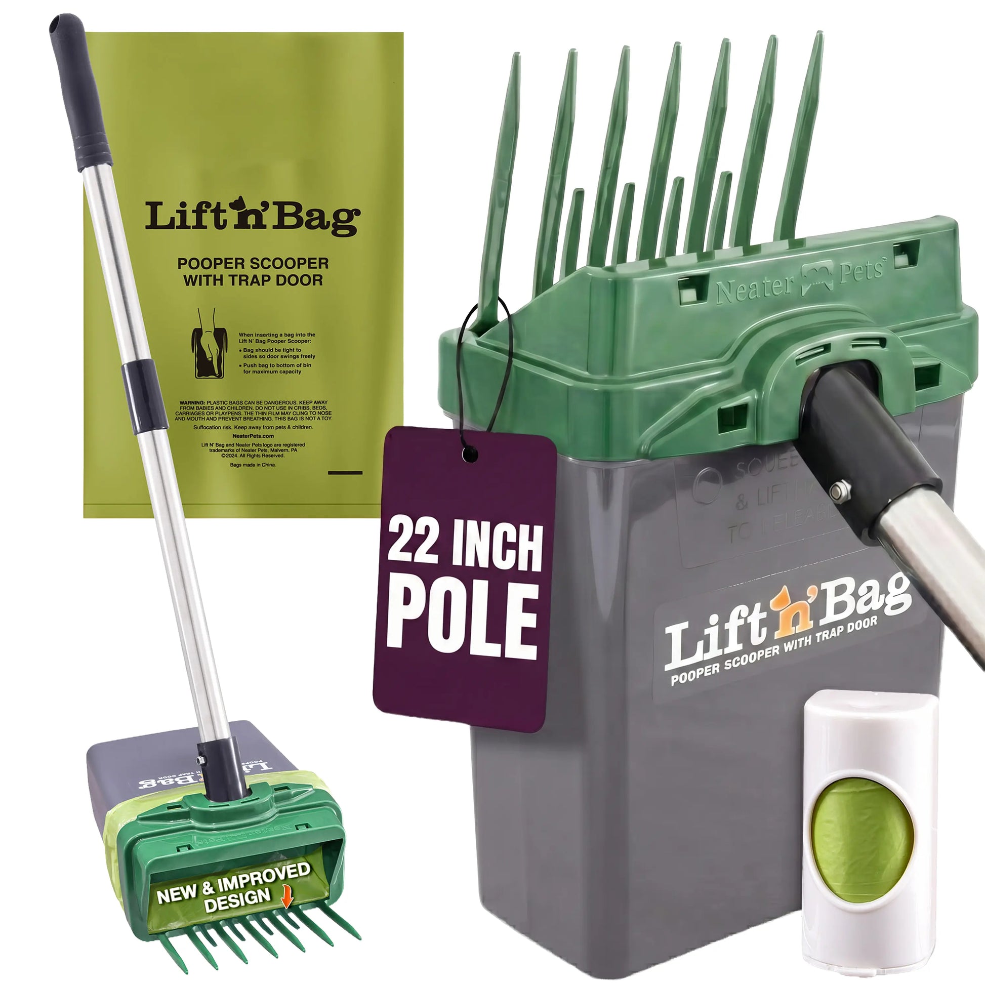 NEATER PETS Lift N' Bag Dog Pooper Scooper 2.0, 22” Pole Version - Scoop-To-Bag Design, One-Handed Operation, Extra-Large Bags, Made in USA