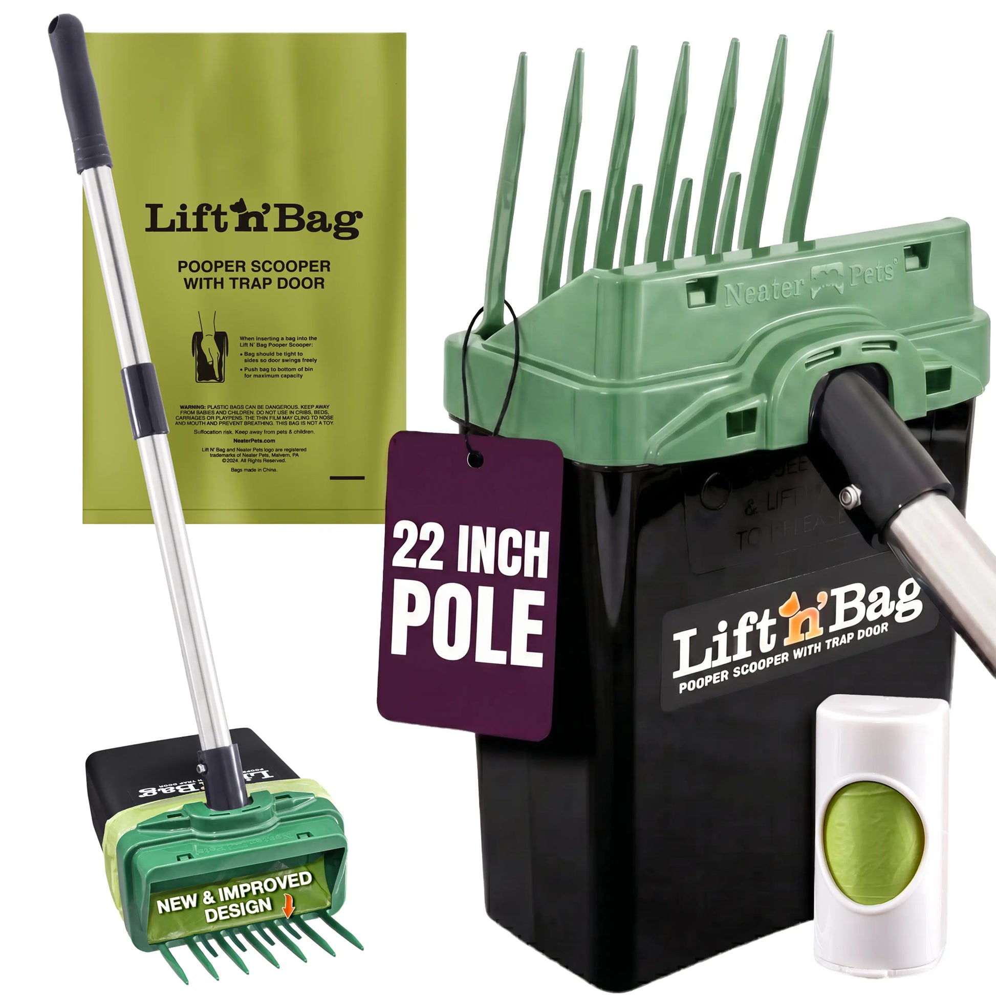 NEATER PETS Lift N' Bag Dog Pooper Scooper 2.0, 22” Pole Version - Scoop-To-Bag Design, One-Handed Operation, Extra-Large Bags, Made in USA
