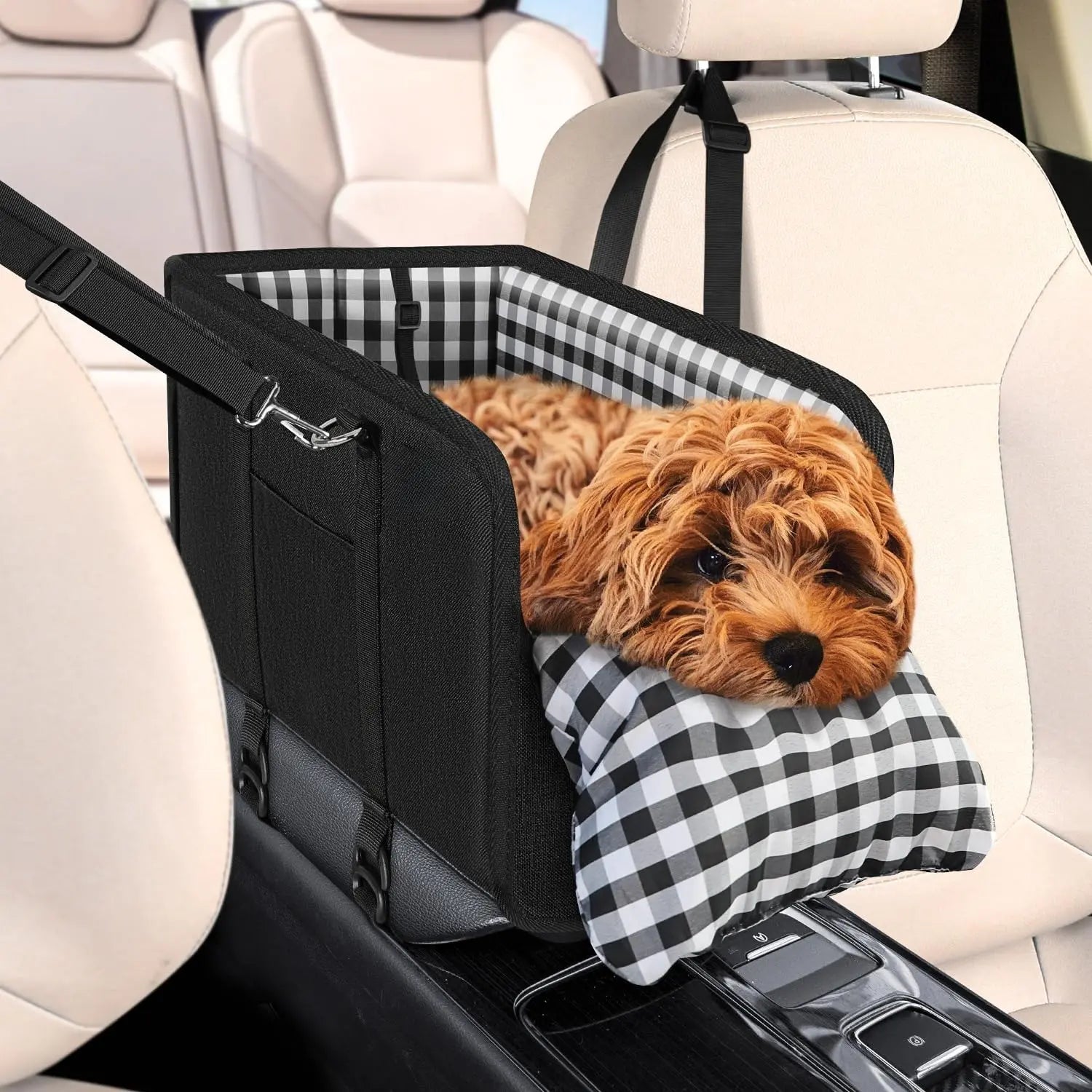 Center Console Pet Booster Seat for Small Dogs and Cats - Portable Carrier with Safety Leash and Non-Slip Base
