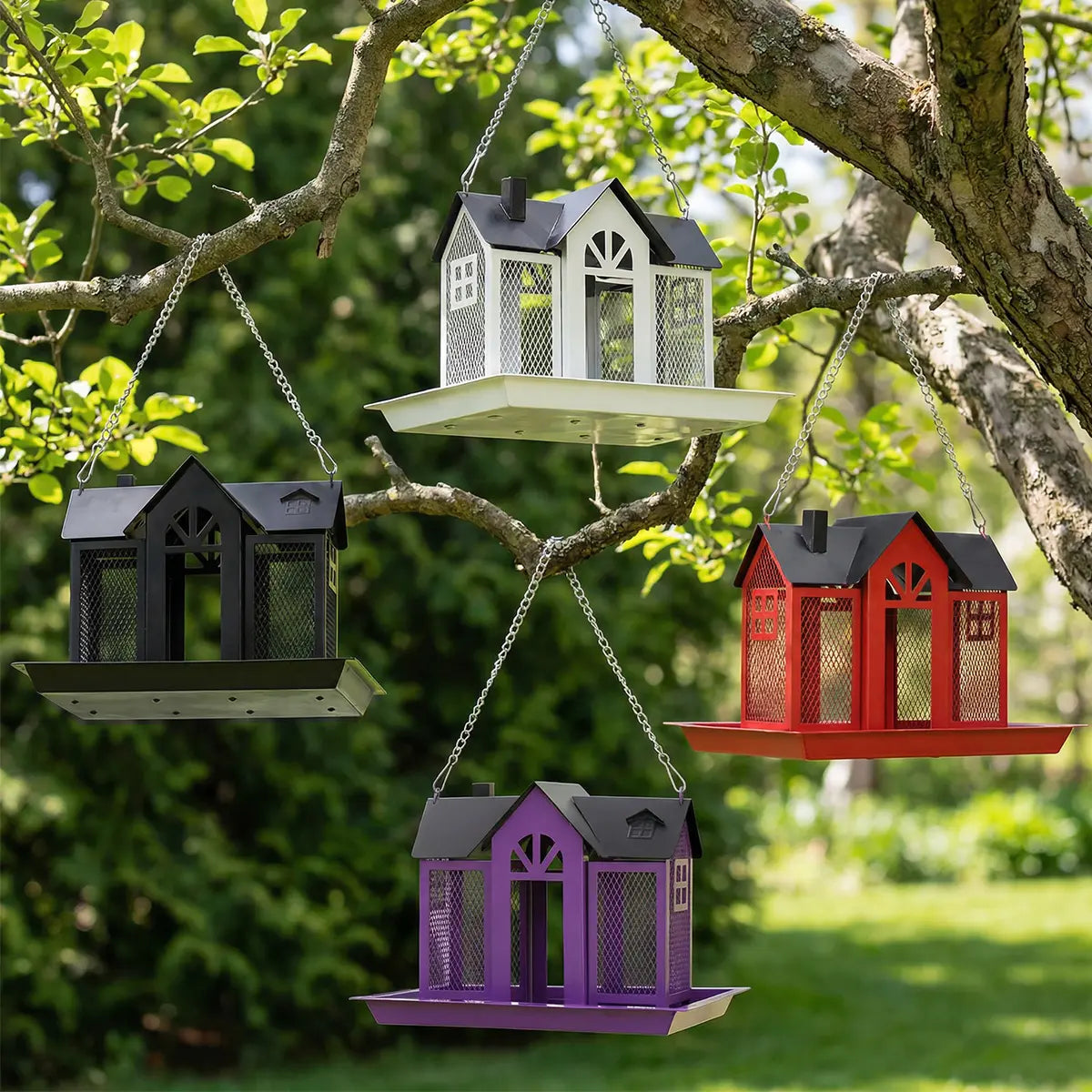 PAWGIANT Bird Feeder House for Outside, 10" × 8" × 7", Hanging Metal Mesh Wild Bird Feeder with Triple Feeders for Finch Cardinal Chickadee Large Capacity, Weatherproof and Durable, Garden Decor for Outside, Unique Gifts for Bird Lovers, Red, Dealsforyou