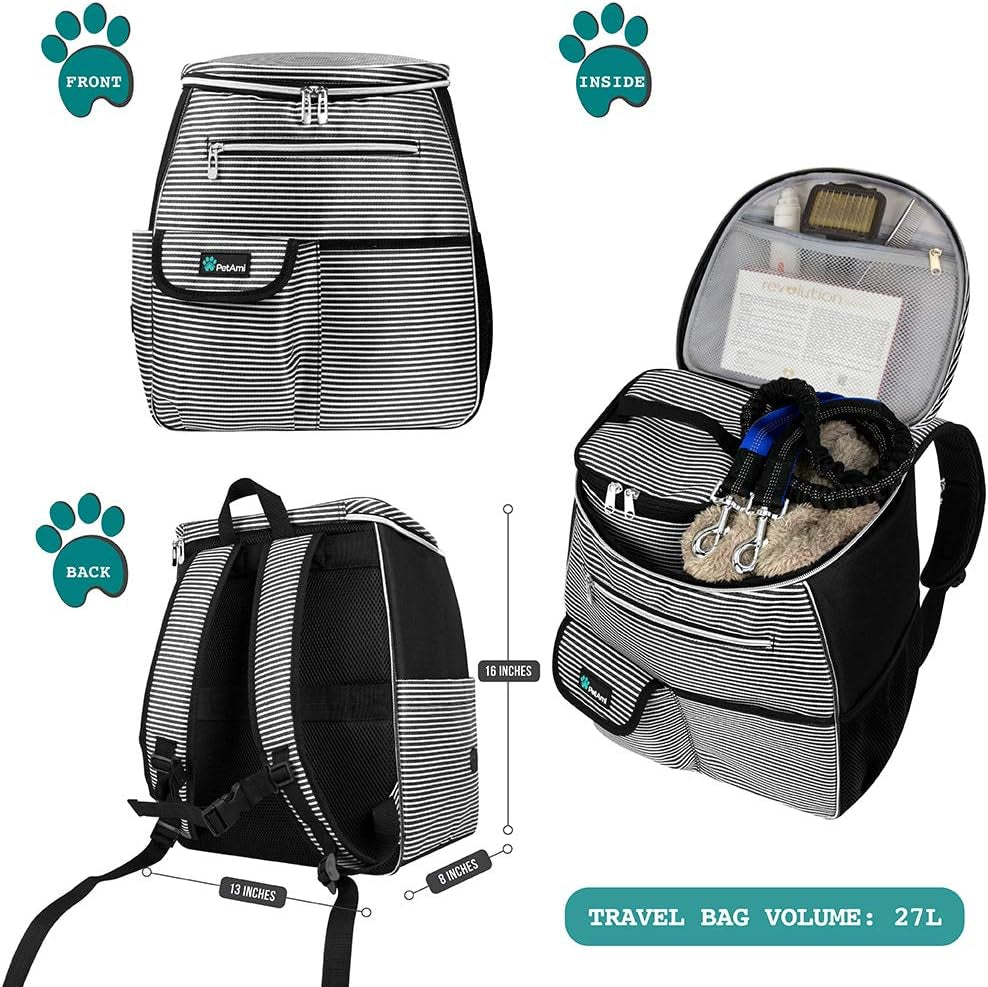 Airline Approved Dog Travel Backpack - Includes Food Container and Collapsible Bowls for Travel, Hiking and Camping (Striped Black)