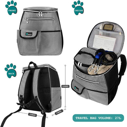 Airline Approved Dog Travel Backpack - Includes Food Container and Collapsible Bowls for Travel, Hiking and Camping (Striped Black)