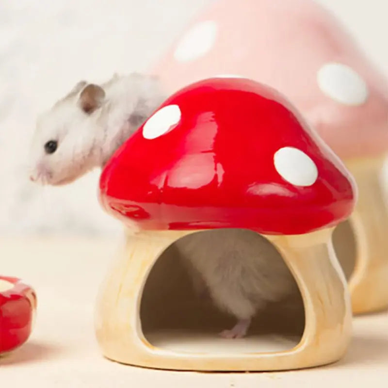 Artisan Handmade Ceramic Mushroom Hamster Hide | All-Natural Glaze, Glossy Finish | Cozy Enclosed Sleeping Hut for Hedgehog, Chinchilla Hamster Cage Accessories Hamster Cage Habitat