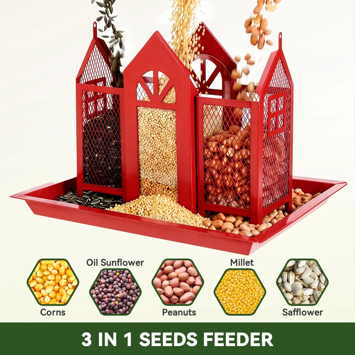 PAWGIANT Bird Feeder House for Outside, 10" × 8" × 7", Hanging Metal Mesh Wild Bird Feeder with Triple Feeders for Finch Cardinal Chickadee Large Capacity, Weatherproof and Durable, Garden Decor for Outside, Unique Gifts for Bird Lovers, Red, Dealsforyou