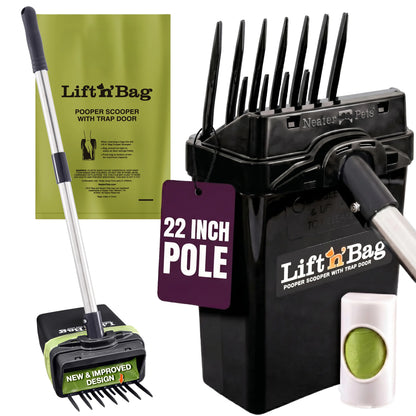 NEATER PETS Lift N' Bag Dog Pooper Scooper 2.0, 22” Pole Version - Scoop-To-Bag Design, One-Handed Operation, Extra-Large Bags, Made in USA