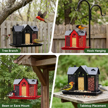 PAWGIANT Bird Feeder House for Outside, 10" × 8" × 7", Hanging Metal Mesh Wild Bird Feeder with Triple Feeders for Finch Cardinal Chickadee Large Capacity, Weatherproof and Durable, Garden Decor for Outside, Unique Gifts for Bird Lovers, Red, Dealsforyou