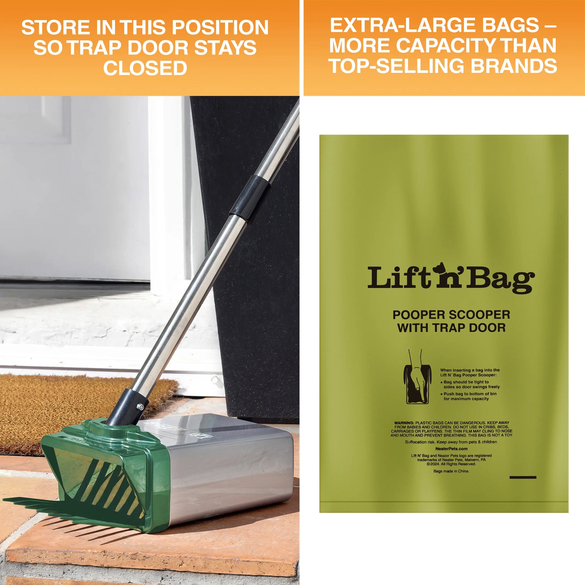 NEATER PETS Lift N' Bag Dog Pooper Scooper 2.0, 22” Pole Version - Scoop-To-Bag Design, One-Handed Operation, Extra-Large Bags, Made in USA