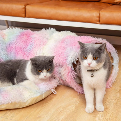 Long Plush Two-In-One Cat Tunnel Bed, Winter Warm Donut Cat Nest, Closed Hideaway Cat Toy, Soft Thick Non-Slip Bottom, Suitable for Multiple Cats, Shaped Beds