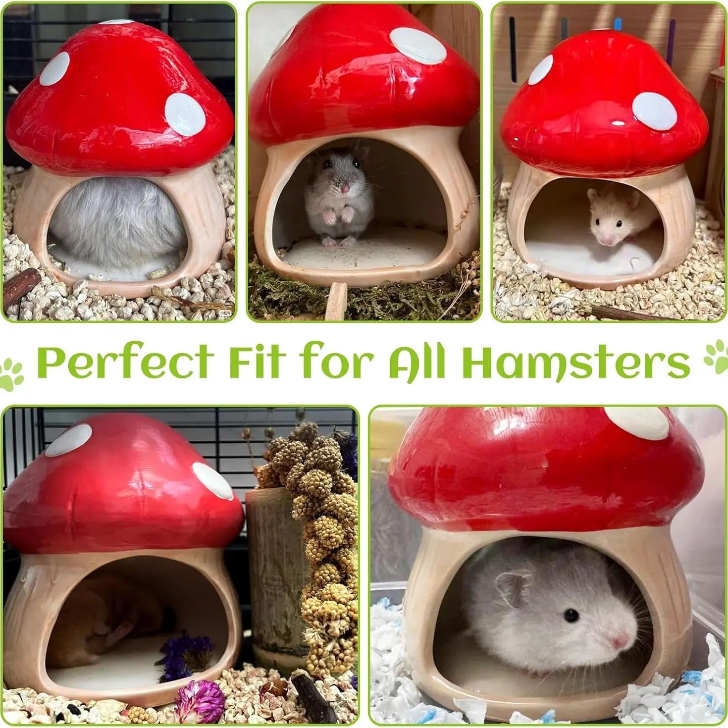 Artisan Handmade Ceramic Mushroom Hamster Hide | All-Natural Glaze, Glossy Finish | Cozy Enclosed Sleeping Hut for Hedgehog, Chinchilla Hamster Cage Accessories Hamster Cage Habitat