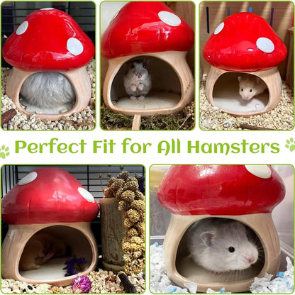 Artisan Handmade Ceramic Mushroom Hamster Hide | All-Natural Glaze, Glossy Finish | Cozy Enclosed Sleeping Hut for Hedgehog, Chinchilla Hamster Cage Accessories Hamster Cage Habitat