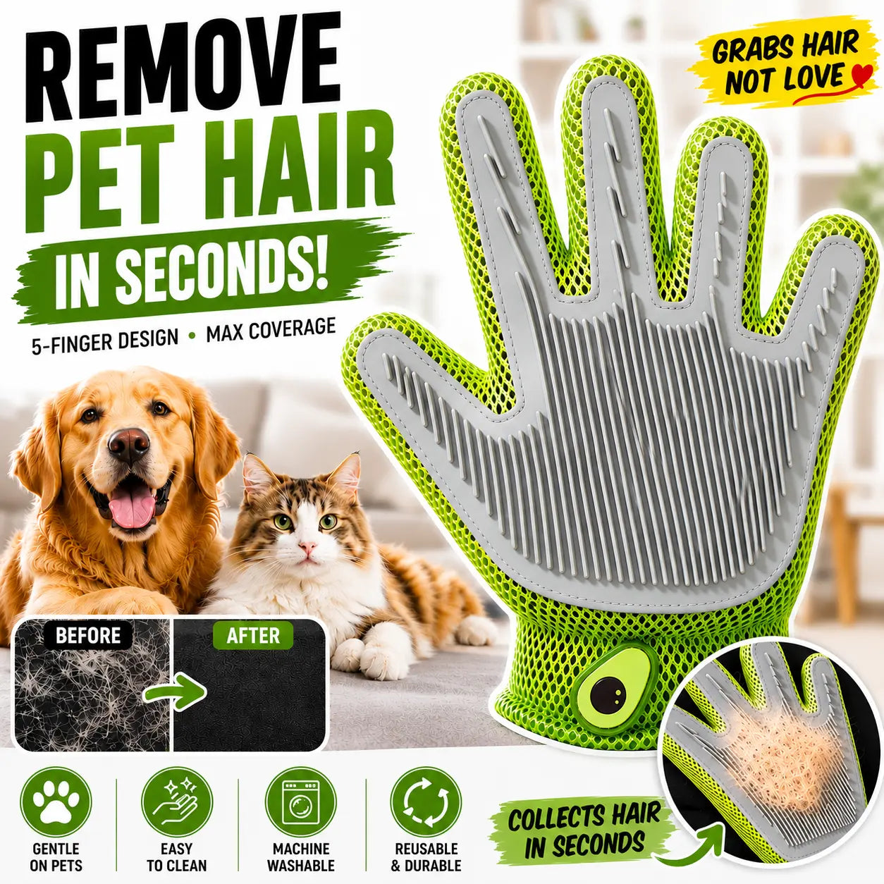 Soft Silicone Grooming Glove for Cats and Dogs - Deshedding Tool with Massage Nodes for Loose Fur Removal