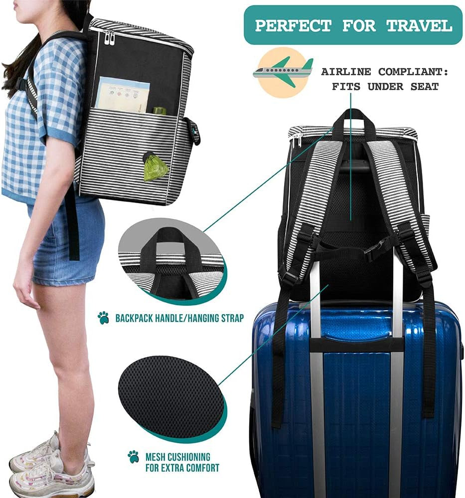 Airline Approved Dog Travel Backpack - Includes Food Container and Collapsible Bowls for Travel, Hiking and Camping (Striped Black)