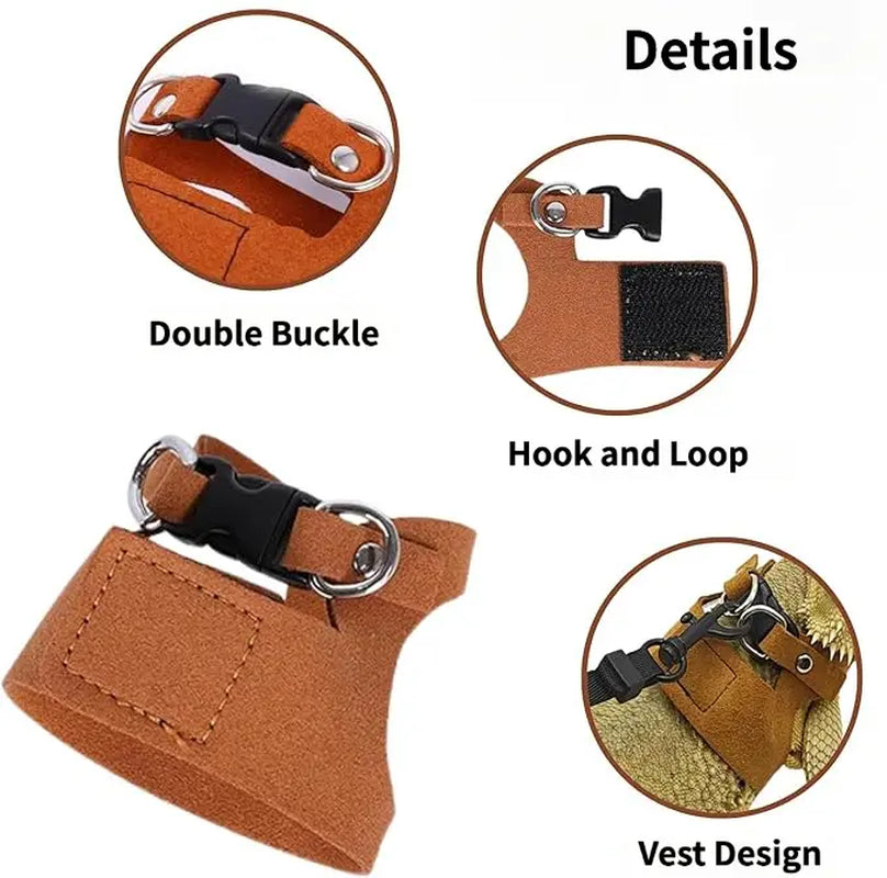 Reptile Harness & Leash Set - 3-Size Pack, Adjustable Soft Microfiber Suede Leather with Hook and Loop Design, Standard & High-End Models, Large No-Pull Full Protection Outdoor Universal Harness & Leads for Bearded Dragon Training