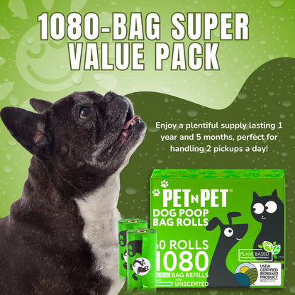 PET N PET Dog Poop Bag USDA Certified 41% Biobased Poop Bags 270&1080 Counts 60 Rolls 9X13 Inches Dog Poop Bag