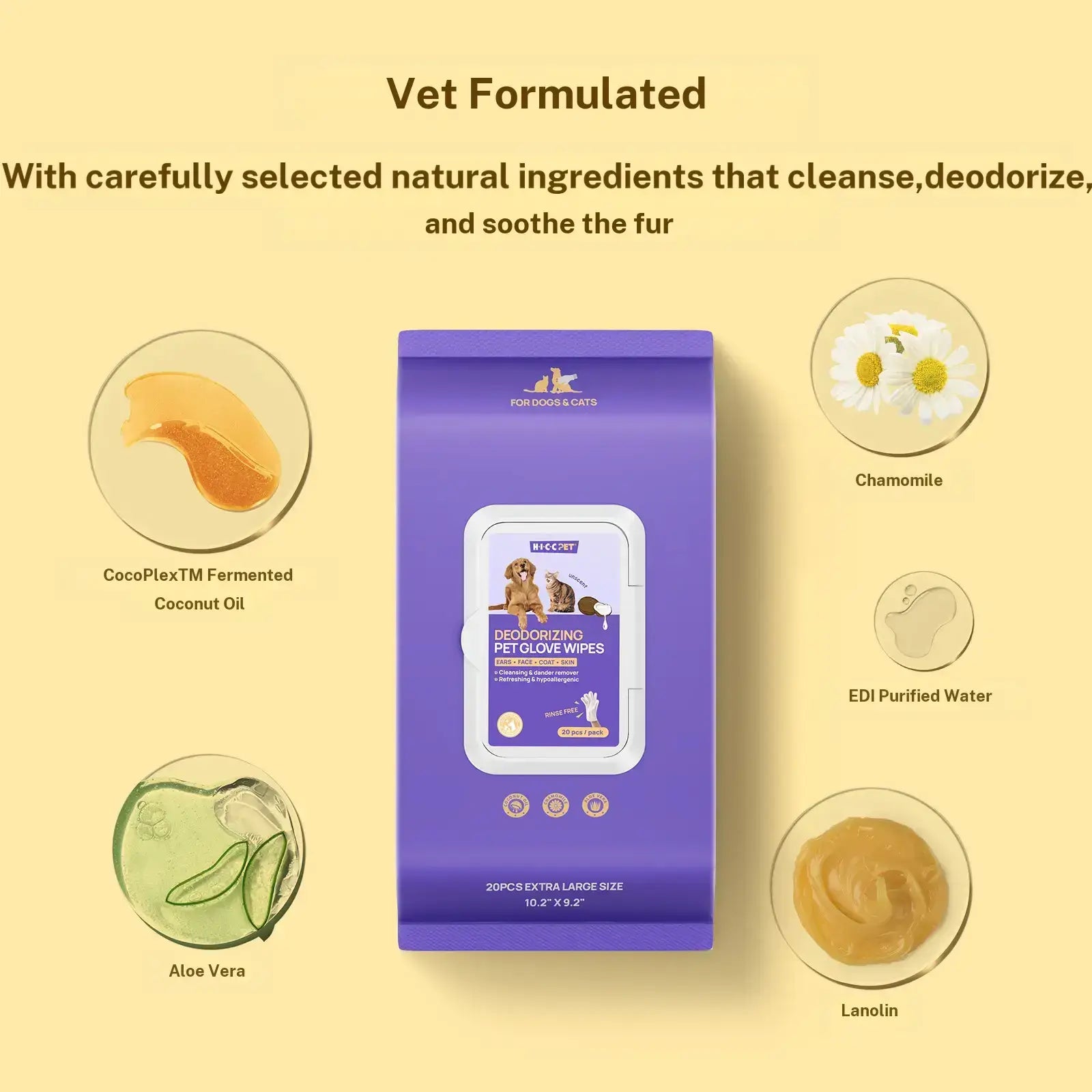 【Dealsforyoudays】Hicc PET Disposable Dog Grooming Wipes (20Pcs) - Natural, Hypoallergenic, No-Rinse Mess-Free Grooming Wipes with Fermented Oils for Hair Removal, Sticky Hair Control, Deodorizing, Skin Moisture, Paw Care, Outdoor Use Summerwins