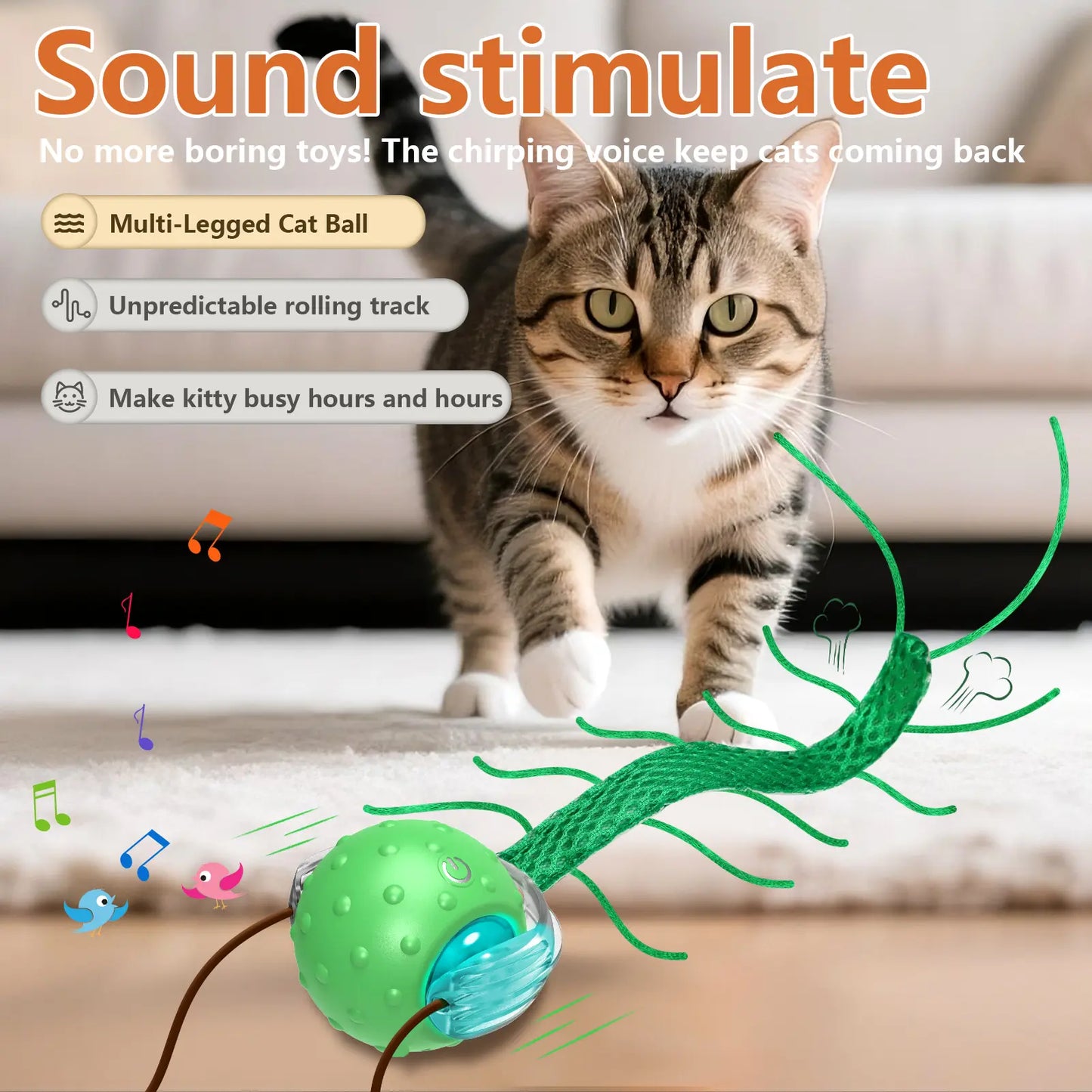 Motorized Interactive Cat Toy - Chirping Sound with Centipede-Style Movement for Indoor Play on Rugs and Carpets