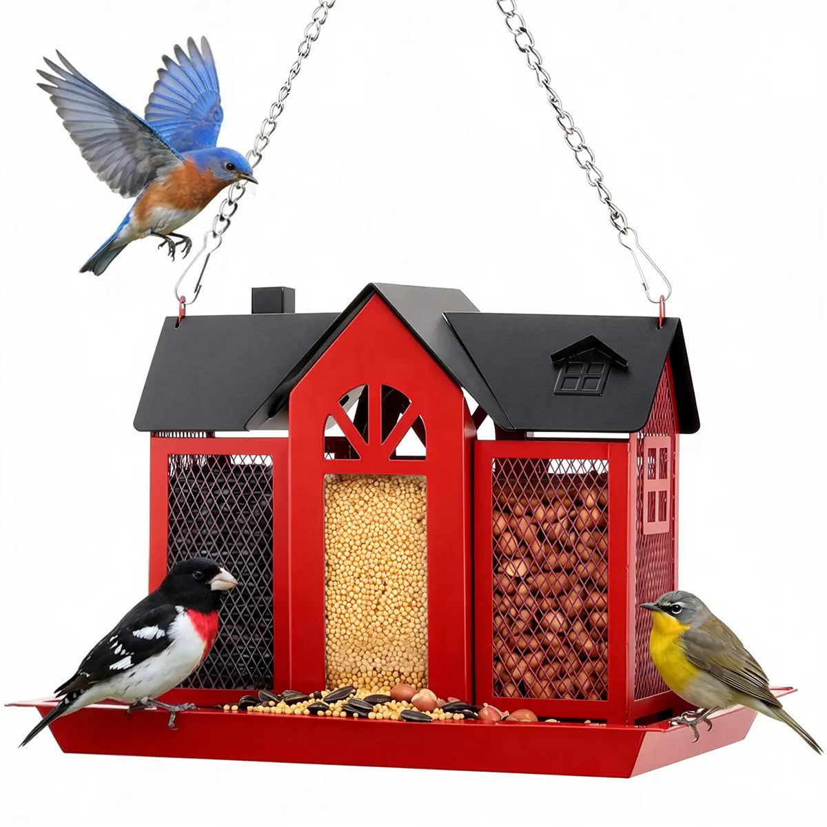 PAWGIANT Bird Feeder House for Outside, 10" × 8" × 7", Hanging Metal Mesh Wild Bird Feeder with Triple Feeders for Finch Cardinal Chickadee Large Capacity, Weatherproof and Durable, Garden Decor for Outside, Unique Gifts for Bird Lovers, Red, Dealsforyou