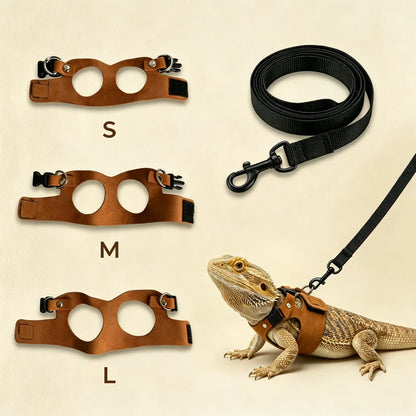 Reptile Harness & Leash Set - 3-Size Pack, Adjustable Soft Microfiber Suede Leather with Hook and Loop Design, Standard & High-End Models, Large No-Pull Full Protection Outdoor Universal Harness & Leads for Bearded Dragon Training