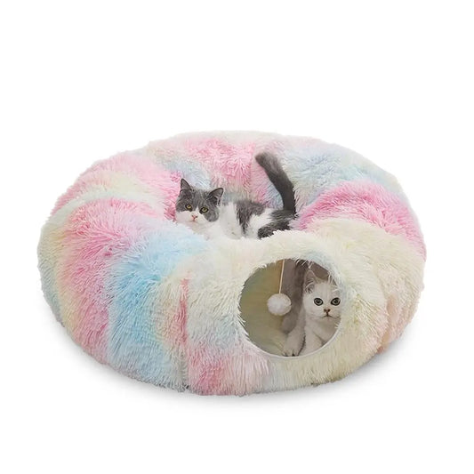 Long Plush Two-In-One Cat Tunnel Bed, Winter Warm Donut Cat Nest, Closed Hideaway Cat Toy, Soft Thick Non-Slip Bottom, Suitable for Multiple Cats, Shaped Beds