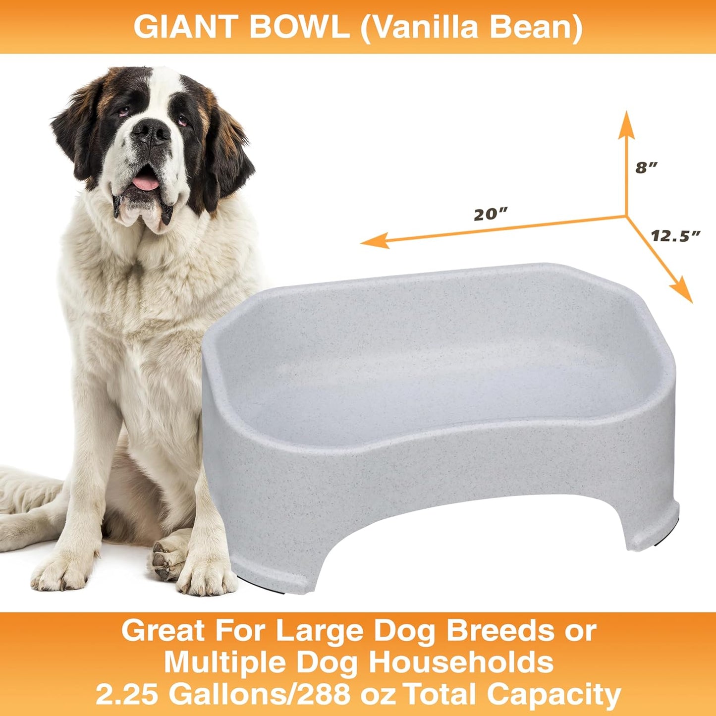 No-Spill Extra Large Dog Water Bowl - 2.25 Gallon Trough Design for Indoor and Outdoor Use (Vanilla Bean)