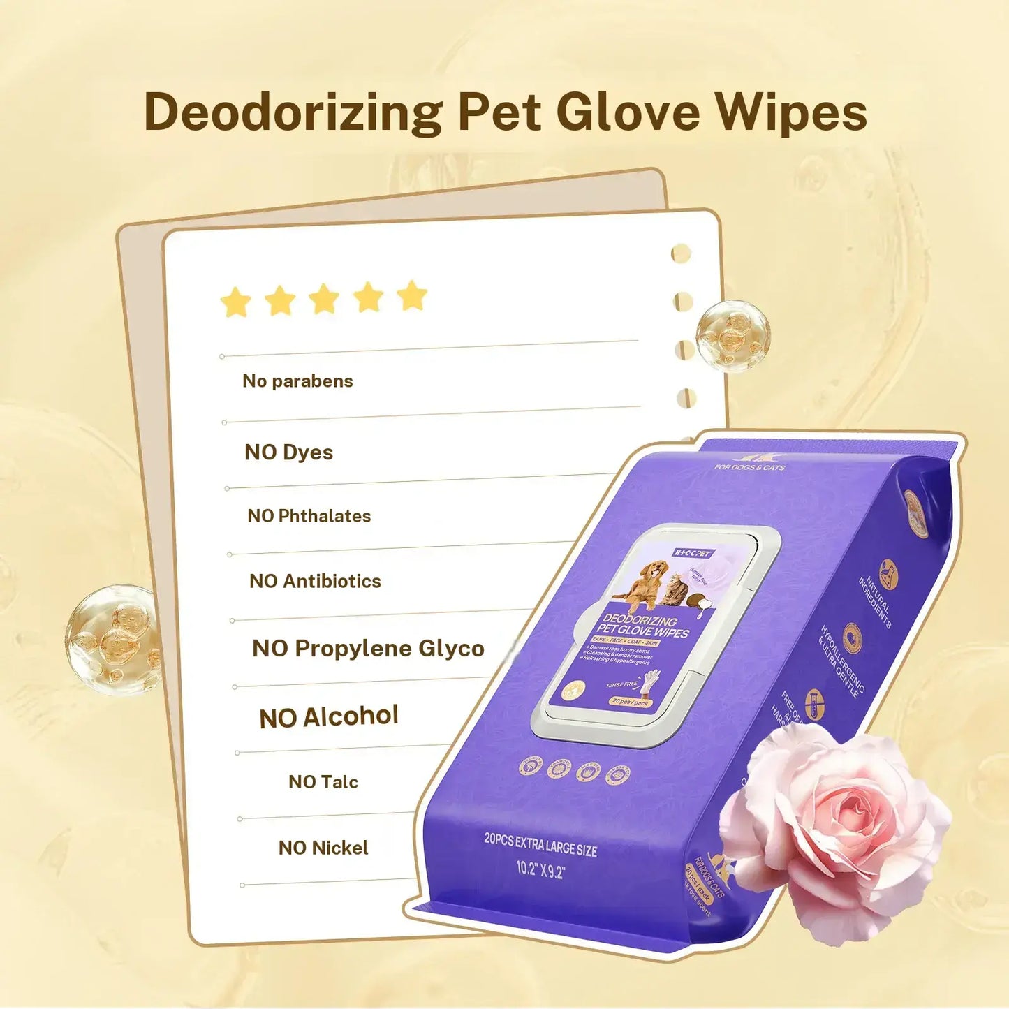 【Dealsforyoudays】Hicc PET Disposable Dog Grooming Wipes (20Pcs) - Natural, Hypoallergenic, No-Rinse Mess-Free Grooming Wipes with Fermented Oils for Hair Removal, Sticky Hair Control, Deodorizing, Skin Moisture, Paw Care, Outdoor Use Summerwins